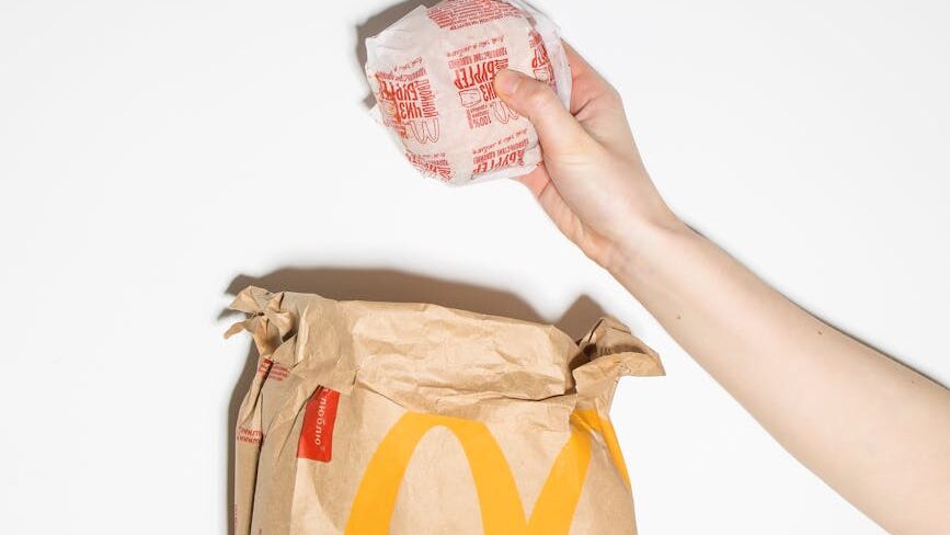 A person holding a McDonald's burger and paper bag against a white background.
